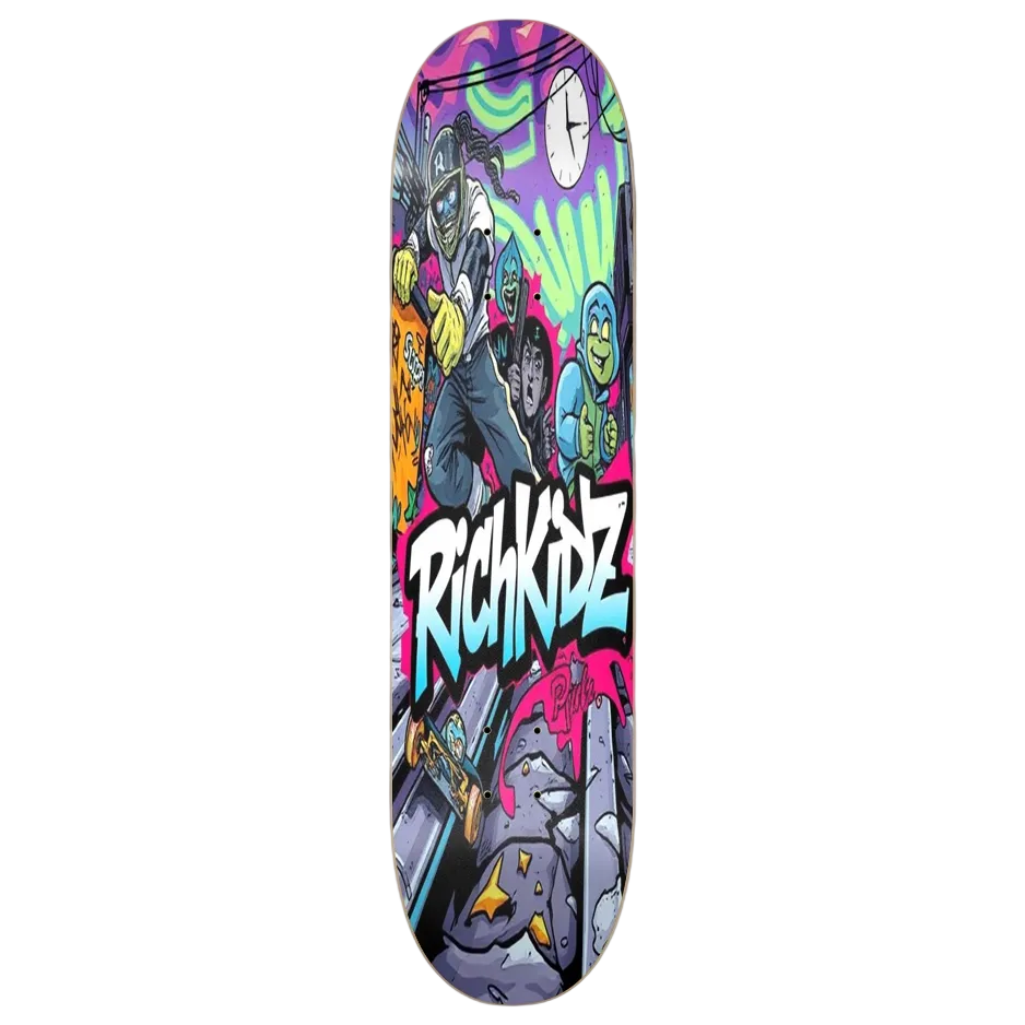 Colorful skateboard deck with cartoon characters and 'Rich Kidz' text on a white background